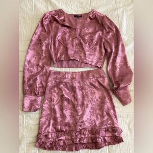 Fashion Nova Satin Floral Print Two Piece - Long Sleeve Crop Top & Mini Skirt